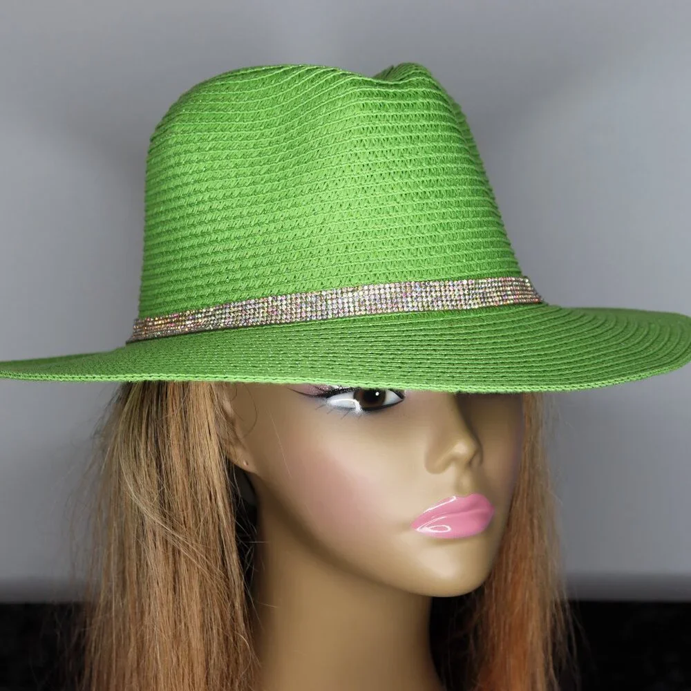 Women's Green Straw Hat with Rhinestone Crown - Picture 2 of 2